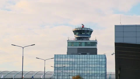 Functioning airport control tower with transparent booth. Air transport command Video stock 164797722