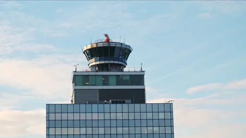 Functioning airport control tower with transparent booth. Air transport command Stock Footage 165179767