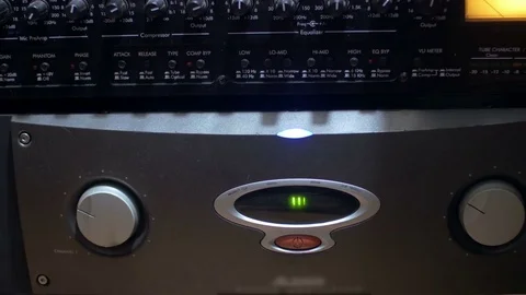 Functioning audio card in a sound recording studio - closeup view 動画素材 70822258