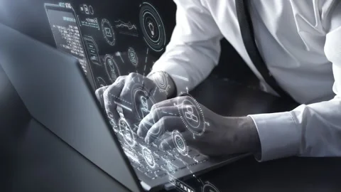 Functioning with a laptop and a holographic image projector. 動画素材 282101371