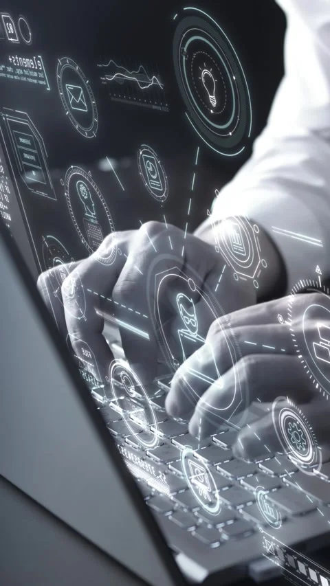 Functioning with a laptop and a holographic image projector. Video stock 322067326