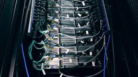 Functioning server unit with plugged-in wires. Modern data center. Video stock 111286588