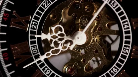 Functioning skeleton watch mechanism with moving brass internal gears Stock Footage 329595827