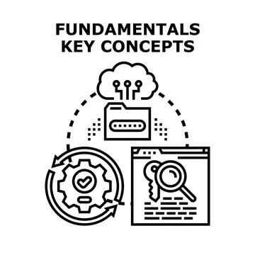 Fundamentals key concepts connecting data, process, and search Stock Illustration
