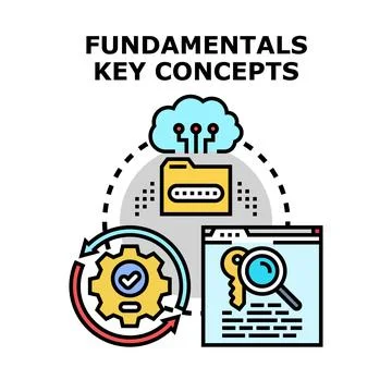 Fundamentals key concepts connecting data, process, and search Stock Illustration