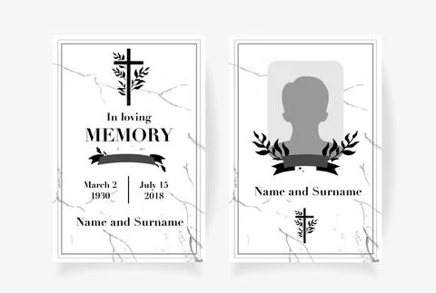 Funeral card template design with branches place under photo cross name and d Stock Illustration