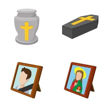 Funeral ceremony objects with cremation urn, coffin, and portraits Stock Illustration