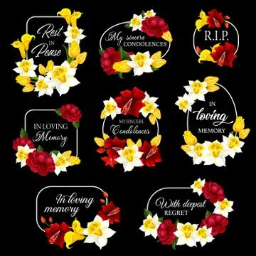 Funeral frames and obituary card borders, flowers Stock Illustration