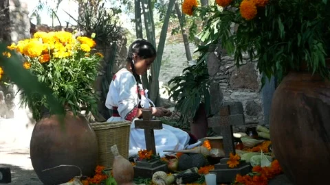 Funeral offerings with flowers Stock Footage 156062274