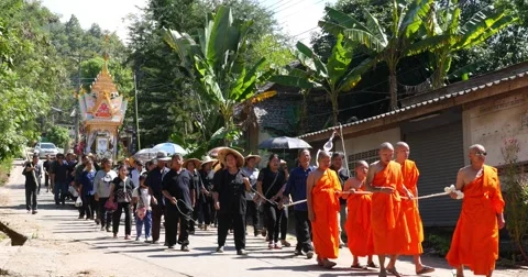 Funeral procession with Buddhist monks Pai, Northern Thailand, Mae Hong Son Stock Footage 58974634