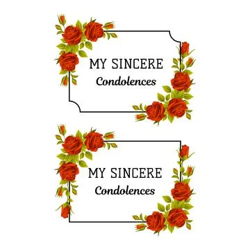 Funeral Red Rose Frame with Sincere Condolences Quote and Inscription Vector Set Stock Illustration