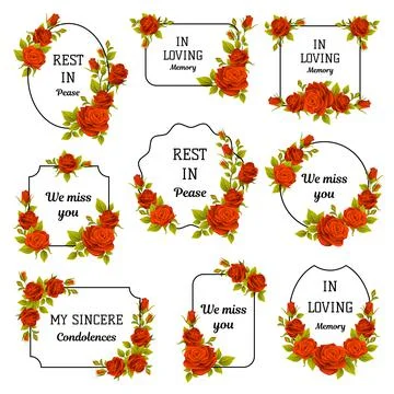 Funeral Red Rose Frame with Text Quote and Inscription Vector Set Stock Illustration