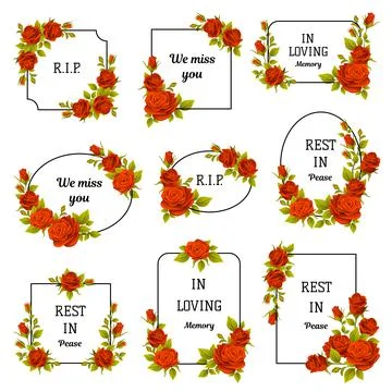 Funeral Red Rose Frame with Text Quote and Inscription Vector Set Stock Illustration