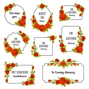 Funeral Red Rose Frame with Text Quote and Inscription Vector Set Stock Illustration