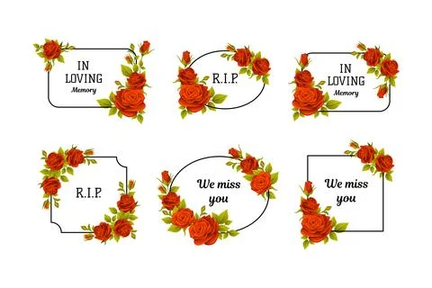 Funeral Red Rose Frame with Text Quote and Inscription Vector Set Stock Illustration