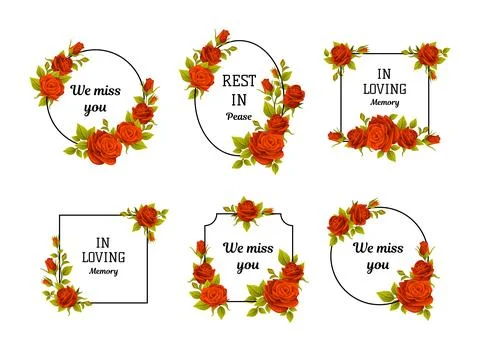 Funeral Red Rose Frame with Text Quote and Inscription Vector Set Stock Illustration