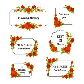 Funeral Red Rose Frame with Text Quote and Inscription Vector Set Stock Illustration