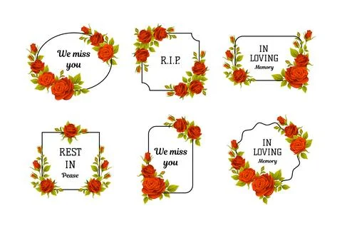 Funeral Red Rose Frame with Text Quote and Inscription Vector Set Stock Illustration