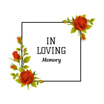 Funeral Red Rose Square Frame with In Loving Memory Quote and Inscription Vector Illustrazione stock