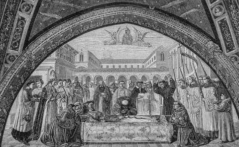 Funeral of saint augustine at the siege of hippo, the illustrated life of the Illustrazione stock