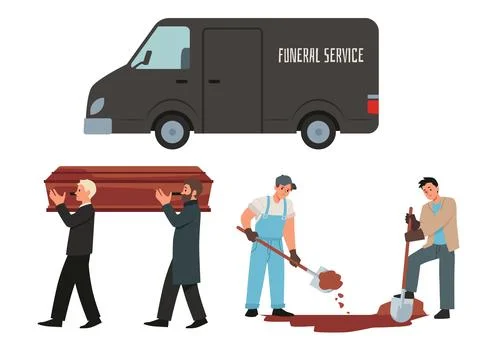 Funeral service, set of vector illustration isolated on white, flat cartoon. Stock Illustration