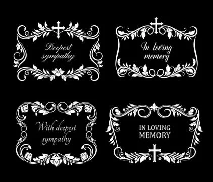Funeral vector frames with mourning flowers set Stock Illustration