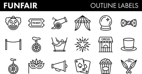 Funfair Outline Labels Collection - Circus, Carnival, and Entertainment Icons Stock Illustration