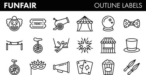 Funfair Outline Labels Set - Circus, Carnival, Entertainment Icons. Stock Illustration