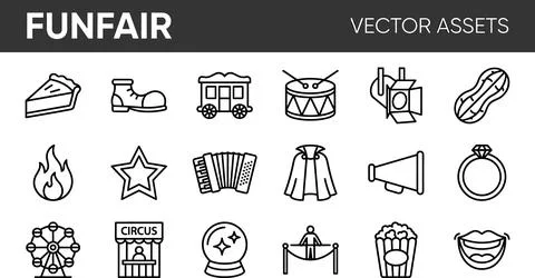 Funfair Vector Assets - Collection of Circus and Carnival Line Icons. Stock Illustration