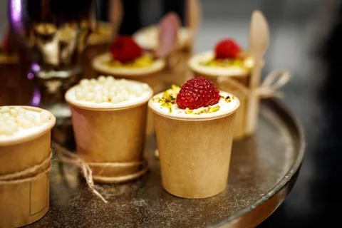 Funfetti Mug Cake with raspberry at an event catering. Stock Photos