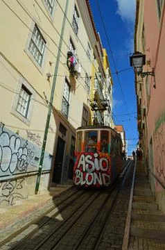 Funicular Bica (Ascensor de Bica) on Calada da Bica Pequena in Lisbon, Portug Stock Photos