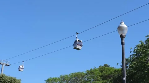 Funicular cars pass by the support tower. View from the bottom up. Stock Footage 245130232