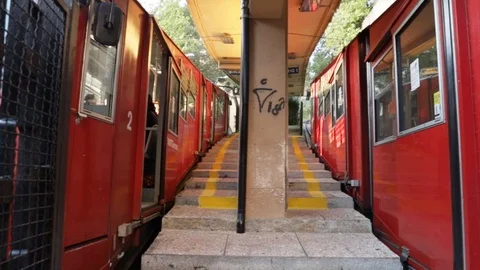 Funicular crossing between trains to the climb Stock Footage 109287013