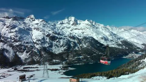 Funicular to Furtschellas, Lake Silvaplana, Upper Engadin, Switzerland, Schweiz Stock Footage 8927053