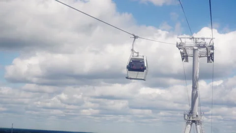Funicular gondolas passing against the backdrop of the cloudy sky. Stock Footage 135341299