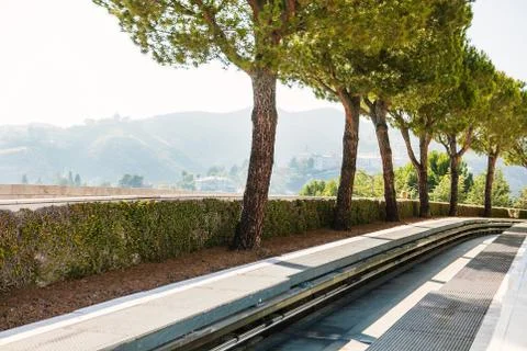 Funicular rails against backdrop of the mountains in Los Angeles, USA Stock Photos