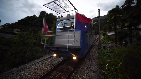 Funicular train to mountain Madonna del Sasso in Locarno, above Lake Maggiore.  Stock Footage 125109433