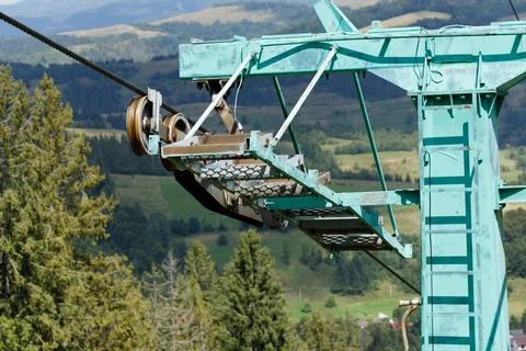 Funicular wheel cablecar rollers and pulleys of the ski lift Stock Photos