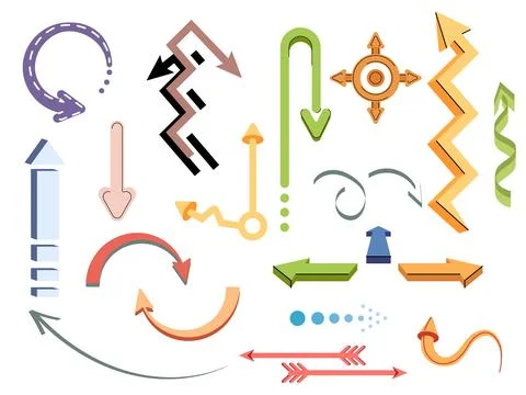 Funky abstract arrows. Cartoon cursor, color pointers, straight, curved and イラスト素材