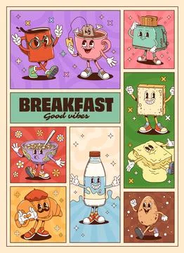 Funky breakfast groovy characters collage poster Stock Illustration
