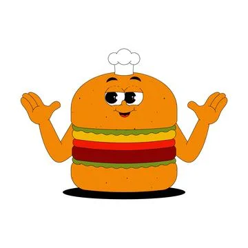 Funky burger character with chefs hat in trendy retro groovy style. Psyched.. Stock Illustration