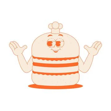 Funky burger character with chefs hat in trendy retro groovy style. Psyched.. Stock Illustration