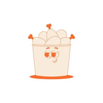 Funky character red box with chicken thighs in trendy retro groovy style. P.. Stock Illustration