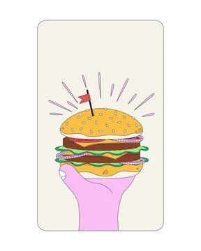 Funky cheeseburger held by hand modern splash screen illustration Stock Illustration