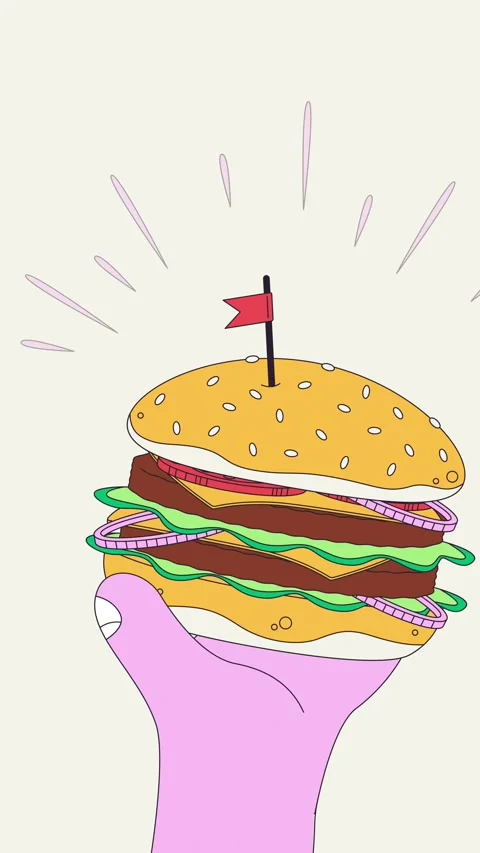 Funky cheeseburger held by hand splash screen animation Stock Footage 337038077