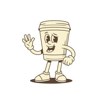 Funky comic coffee paper cup cartoon character waving hand contoured vector.. Stock Illustration