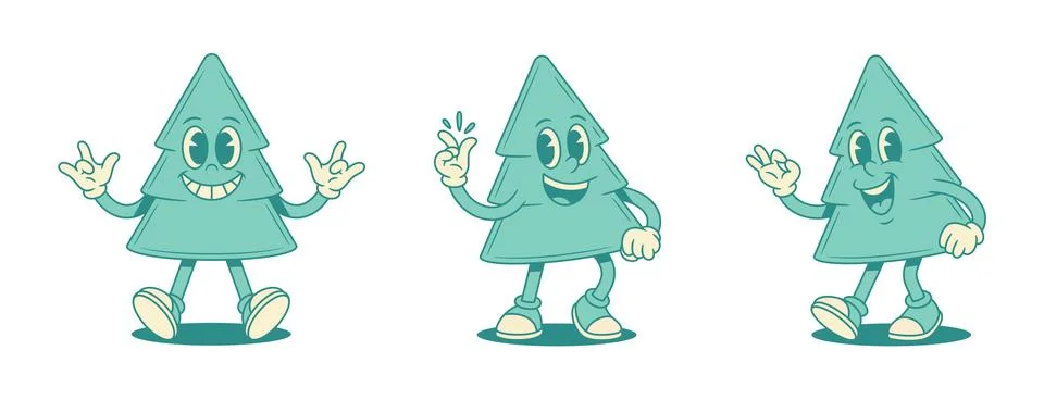 Funky comic green fir tree cartoon character set contoured vector flat illust Stock Illustration