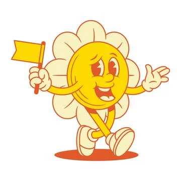 Funky comic yellow flower chamomile cartoon character with flag contoured v.. Stock Illustration