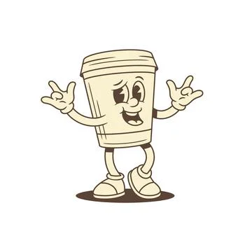 Funky cool coffee paper cup cartoon character rock gesture contoured vector f Stock Illustration