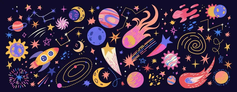 Funky crayon doodle space set with planets, stars, constellations, and aste.. Иллюстрация
